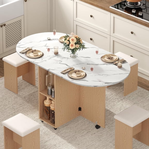 Blotout 5 PCS Farmhouse Dining Table Set for 4, 60'' Large Oval Folding Dining Table Set w/4 Leather Chairs,6 Wheels,Drop Leaf Foldable Kitchen Table w/2-Layer Storage Shelf for Small Spaces, White