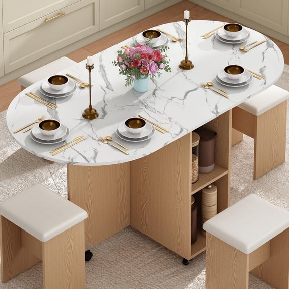 Blotout 5 PCS Farmhouse Dining Table Set for 4, 60'' Large Oval Folding Dining Table Set w/4 Leather Chairs,6 Wheels,Drop Leaf Foldable Kitchen Table w/2-Layer Storage Shelf for Small Spaces, White