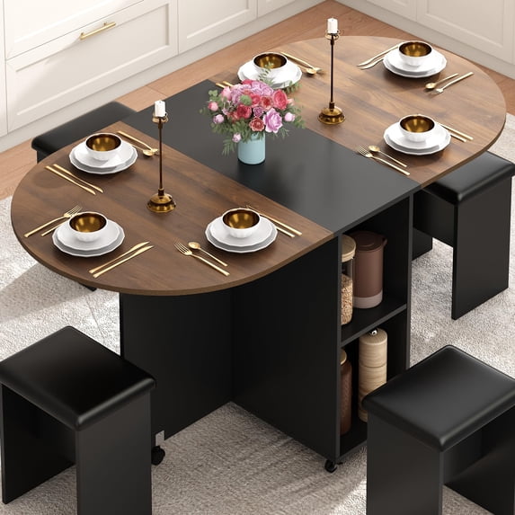 Blotout 5 PCS Farmhouse Dining Table Set for 4, 60'' Large Oval Folding Dining Table Set w/4 Leather Chairs,6 Wheels,Drop Leaf Foldable Kitchen Table w/2-Layer Storage Shelf for Small Spaces, Walnut