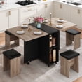 thumbnail image 1 of Blotout 5 PCS Farmhouse Dining Table Set for 4, 60'' Large Folding Dining Table Set with 4 Leather Chairs,6 Wheels, Drop Leaf Foldable Kitchen Table with 2-Layer Storage Shelf for Small Spaces, Grey, 1 of 9