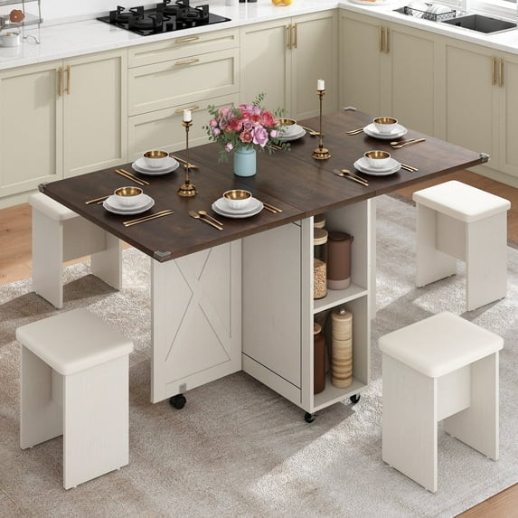 Blotout 5 PCS Farmhouse Dining Table Set for 4, 60'' Large Folding Dining Table Set with 4 Leather Chairs,6 Wheels, Drop Leaf Foldable Kitchen Table with 2-Layer Storage Shelf for Small Spaces, Brown