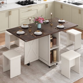 Blotout 5 PCS Farmhouse Dining Table Set for 4, 60'' Large Folding Dining Table Set with 4 Leather Chairs,6 Wheels, Drop Leaf Foldable Kitchen Table with 2-Layer Storage Shelf for Small Spaces, Brown
