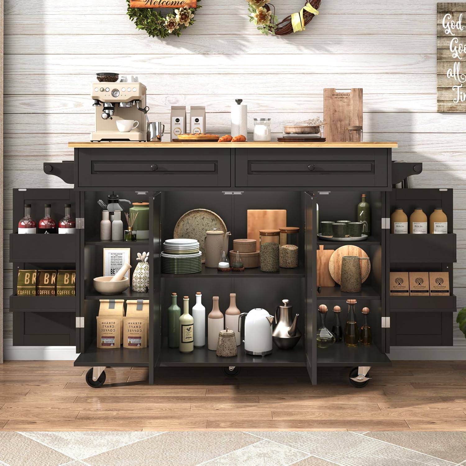 Blotout 55" Rolling Kitchen Island Cart with Drop Leaf Breakfast Bar, Rubber Wood Top – on Wheels with Drawer, Storage Cabinet, Spice & Towel Rack