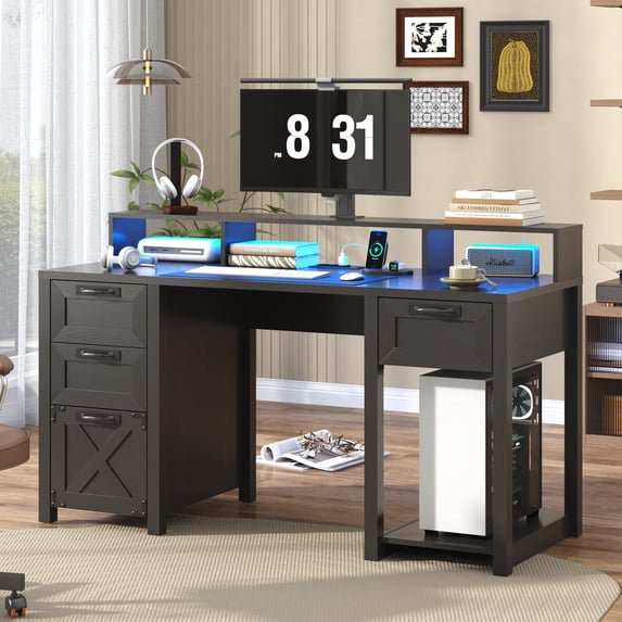 Blotout 59" Farmhouse Computer Desk with 4 File Drawer & Power Outlet & Led Lights, Rustic Wood Home Office Desk with Long Monitor Stand, Computer Writing Desk, Black