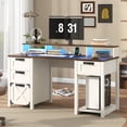 thumbnail image 1 of Blotout 59" Farmhouse Computer Desk with 4 File Drawer & Power Outlet & Led Lights, Rustic Wood Home Office Desk with Long Monitor Stand, Computer Writing Desk, White, 1 of 10