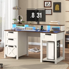 Blotout 59" Farmhouse Computer Desk with 4 File Drawer & Power Outlet & Led Lights, Rustic Wood Home Office Desk with Long Monitor Stand, Computer Writing Desk, White