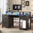 thumbnail image 1 of Blotout 59" Farmhouse Computer Desk with 4 File Drawer & Power Outlet & Led Lights, Rustic Wood Home Office Desk with Long Monitor Stand, Computer Writing Desk, Black, 1 of 10