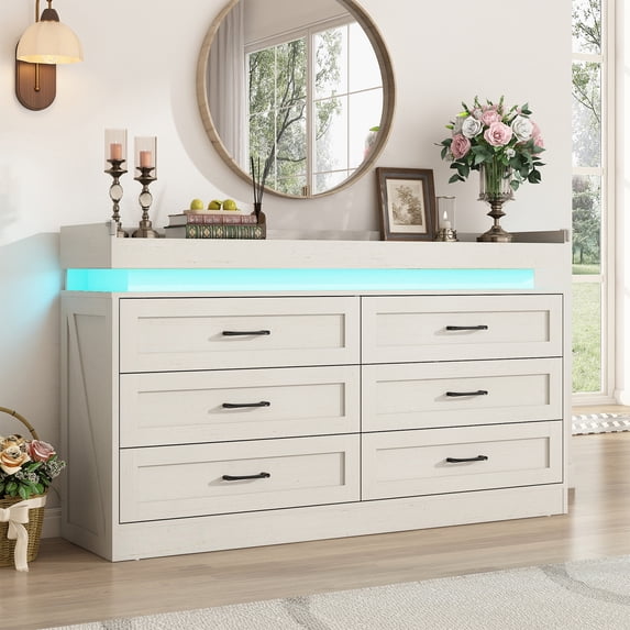 Blotout 6 Drawer Double Dresser with LED Lights and Charging Station, Wide Chest of Drawers and Metal Handles, Wood Storage Cabinet for bedroom, Living Room