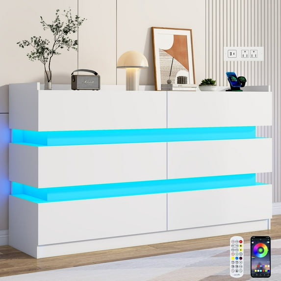 Blotout 6 Drawer Dresser with 60000-color LED Lights & Power Outlet, 59'' Long Modern Chest of Drawers for Closet, Handle Free Minimalist Dresser for Bedroom, Living Room, Entryway, Hallway