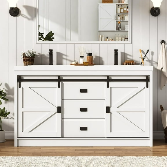 Blotout Double Bathroom Vanity with Sink & Faucet & Sewer Pipes, 59" Farmhouse Bathroom Vanity Cabinet Set with Sliding Barn Door & 3 Drawers, Freestanding Bath Storage Vanity Sink