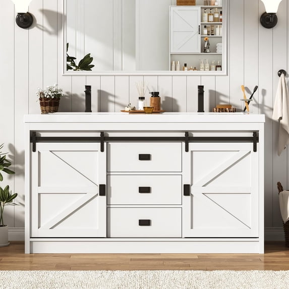 Blotout Double Bathroom Vanity with Sink & Faucet & Sewer Pipes, 59" Farmhouse Bathroom Vanity Cabinet Set with Sliding Barn Door & 3 Drawers, Freestanding Bath Storage Vanity Sink