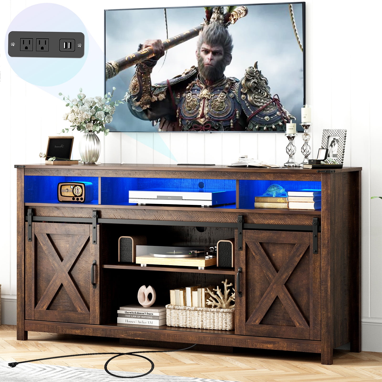 LED Farmhouse TV Stand for 65" 75" TVs with Power Outlets, 32" Tall Sliding Barn Door Entertainment Center with Adjustable Shelves/4 Layer Storage for Living Room, Brown