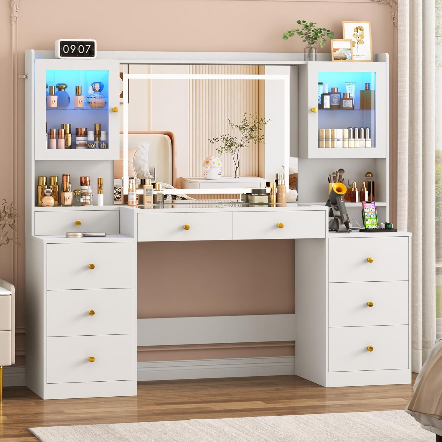 Blotout 62'' Large Vanity Desk w/60000-color LED Lights, Tempered Glass Top, Power Outlet, Makeup Vanity Table w/ 3 Lights Mode Mirror, 9 Drawers, 2 RGB Cabinets, LED Dressing Table for Girls, Women
