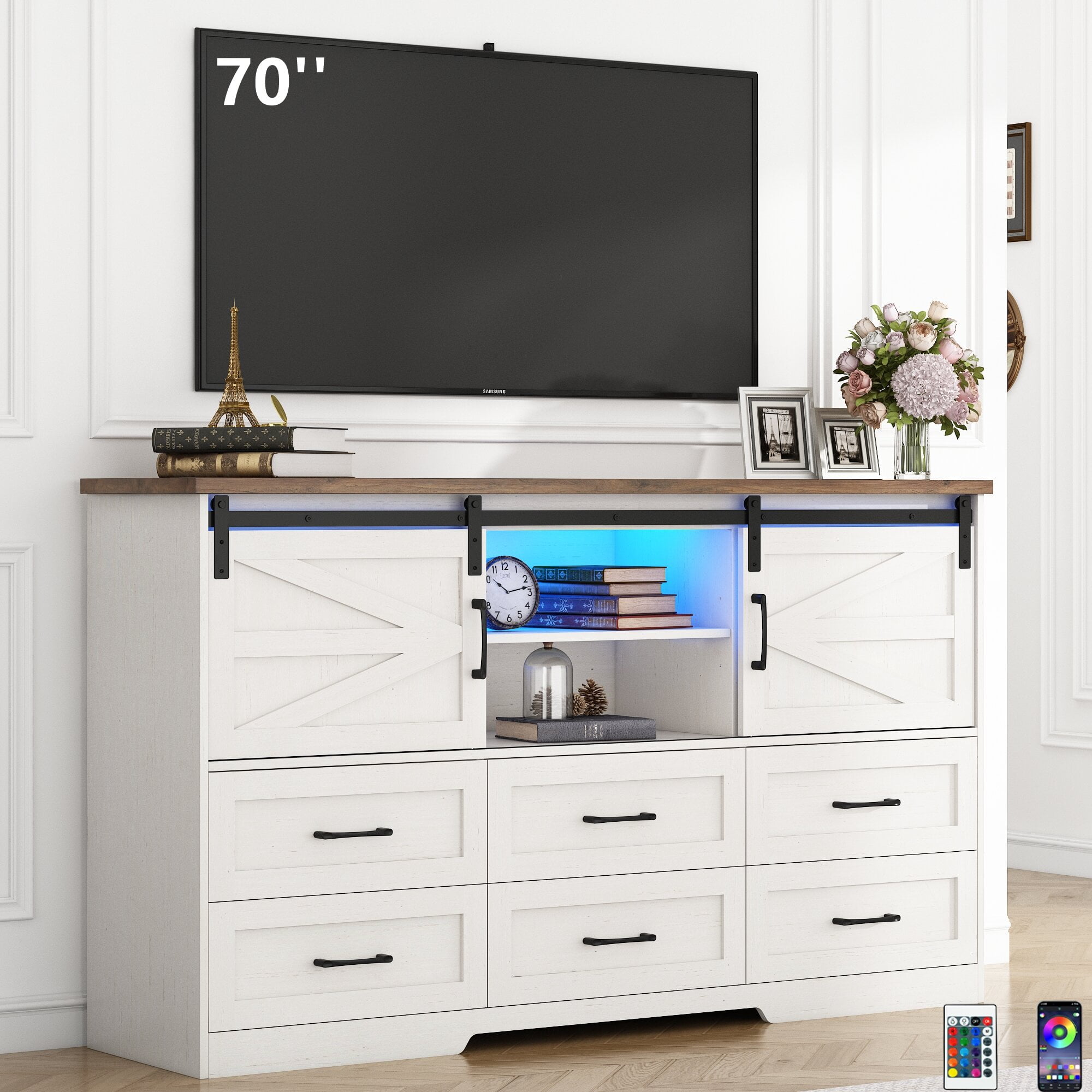 Blotout 63'' LED Farmhouse TV Stand for 70in TV, Dresser TV Stand for Living Room, Farmhouse 6 Drawer Dresser for Bedroom with Led Light, Tall Entertainment Center Storage Cabinets w/Power Outlets