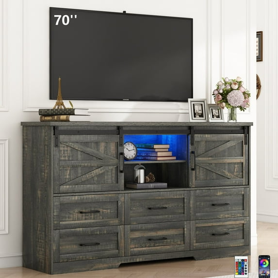 Blotout 63'' LED Farmhouse TV Stand for 70in TV, Dresser TV Stand for Living Room, Farmhouse 6 Drawer Dresser for Bedroom with Led Light, Tall Entertainment Center Storage Cabinets w/Power Outlets