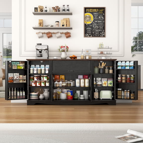 Blotout 65" Sideboard Buffet Cabinet with Storage, Farmhouse Kitchen Pantry Storage Cabinet, Credenza with Drawers, Wood Coffee Bar Cabinet, Black