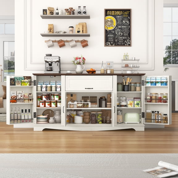 Blotout 65" Sideboard Buffet Cabinet with Storage, Farmhouse Kitchen Pantry Storage Cabinet, Credenza with Drawers, Wood Coffee Bar Cabinet, White