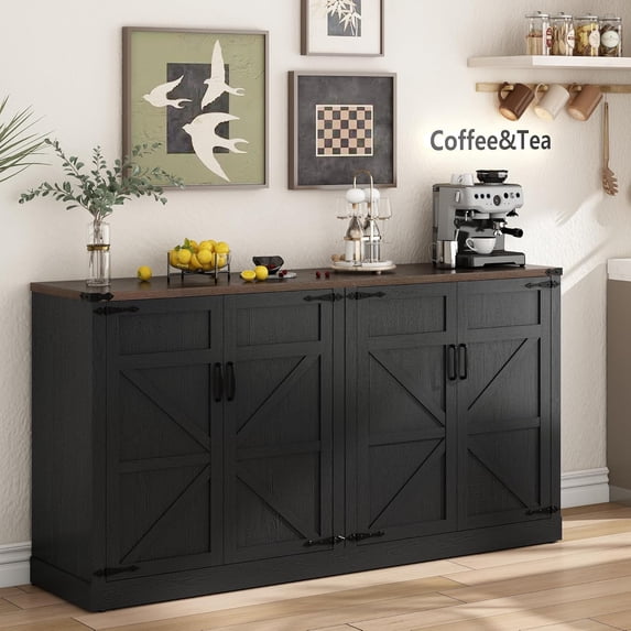 Blotout 65" Large Farmhouse Buffets Cabinet w/Storage, 4 Barn Doors Coffee Bar Cabinet with Adjustable Shelves, Wood Sideboard Cabinet with Storage for Kitchen, Dining Room, Living Room, Black