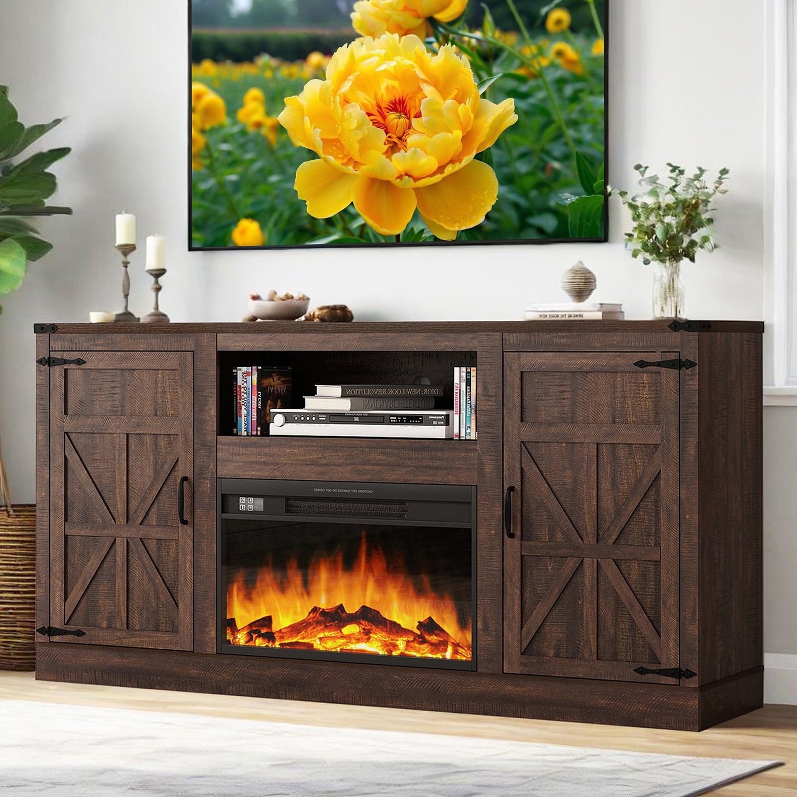 Blotout Farmhouse Fireplace TV Stand for TVs up to up 75" TVs, 66" Entertainment Center with with 26" Electric Fireplace & Adjustable Shelves for Living Room Bedroom
