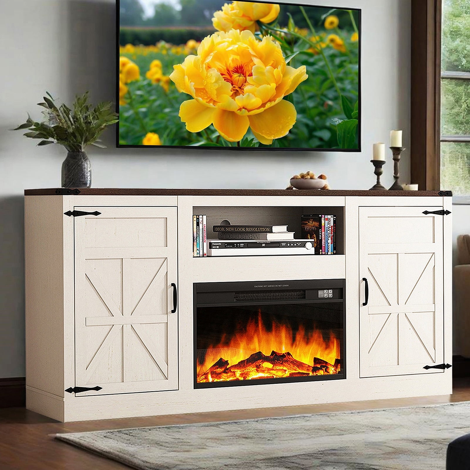 Blotout Farmhouse Fireplace TV Stand for TVs up to up 75" TVs, 66" Entertainment Center with with 26" Electric Fireplace & Adjustable Shelves for Living Room Bedroom