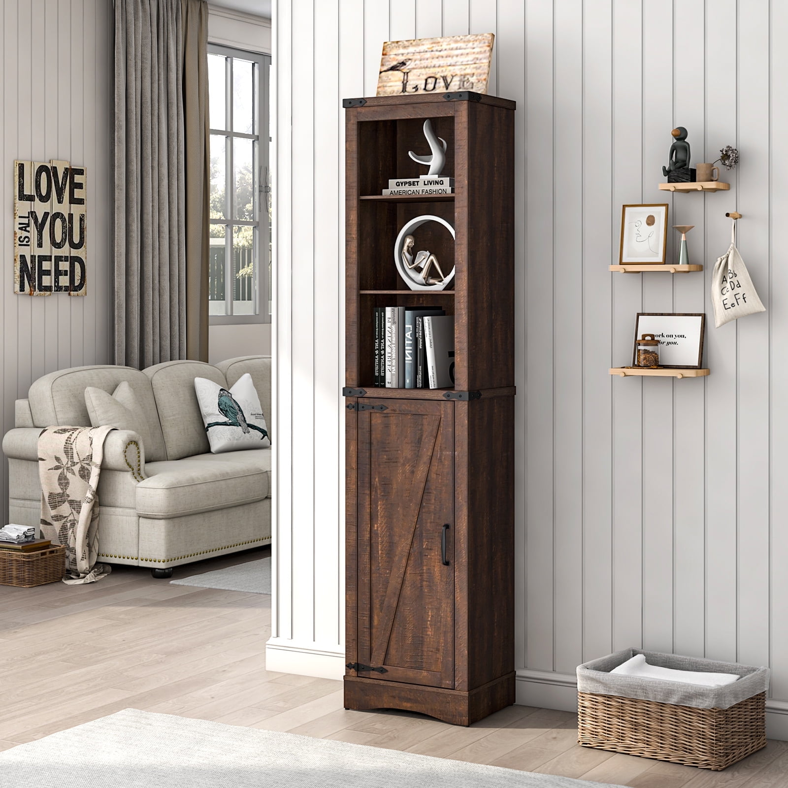 Blotout 68" Farmhouse Tall Storage with Barn Door, 5Shelf