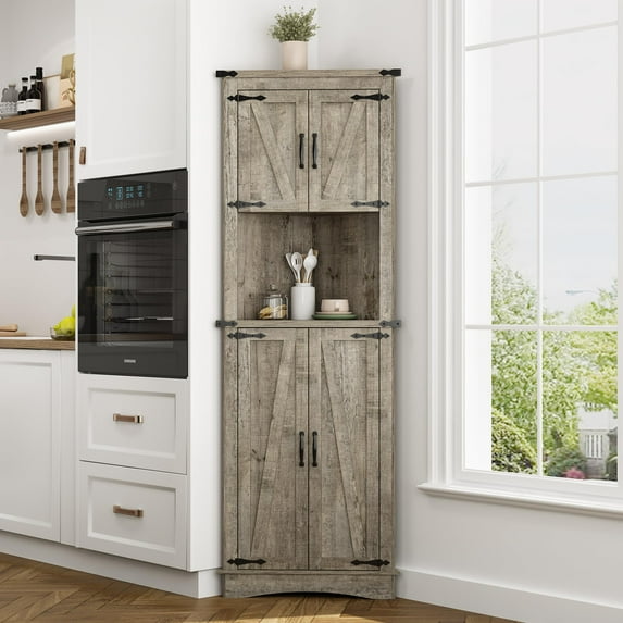 Blotout 68" Tall Farmhouse Corner Cabinet with 4 Doors, 23.6"W Barn Door Storage Cabinet with Adjustable Shelves, 5 Tier Corner Storage Cabinet for Kitchen,Bathroom,Living Room