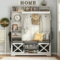 thumbnail image 1 of Blotout 7-in-1 Entryway hall tree with bench and shoe storage, 75"H Farmhouse Coat Rack with Shoe Bench, 16 Shoe Cabinets, 7 Coat Hooks, LED Lights and Adjustable Shelf, for Hallways (White), 1 of 7