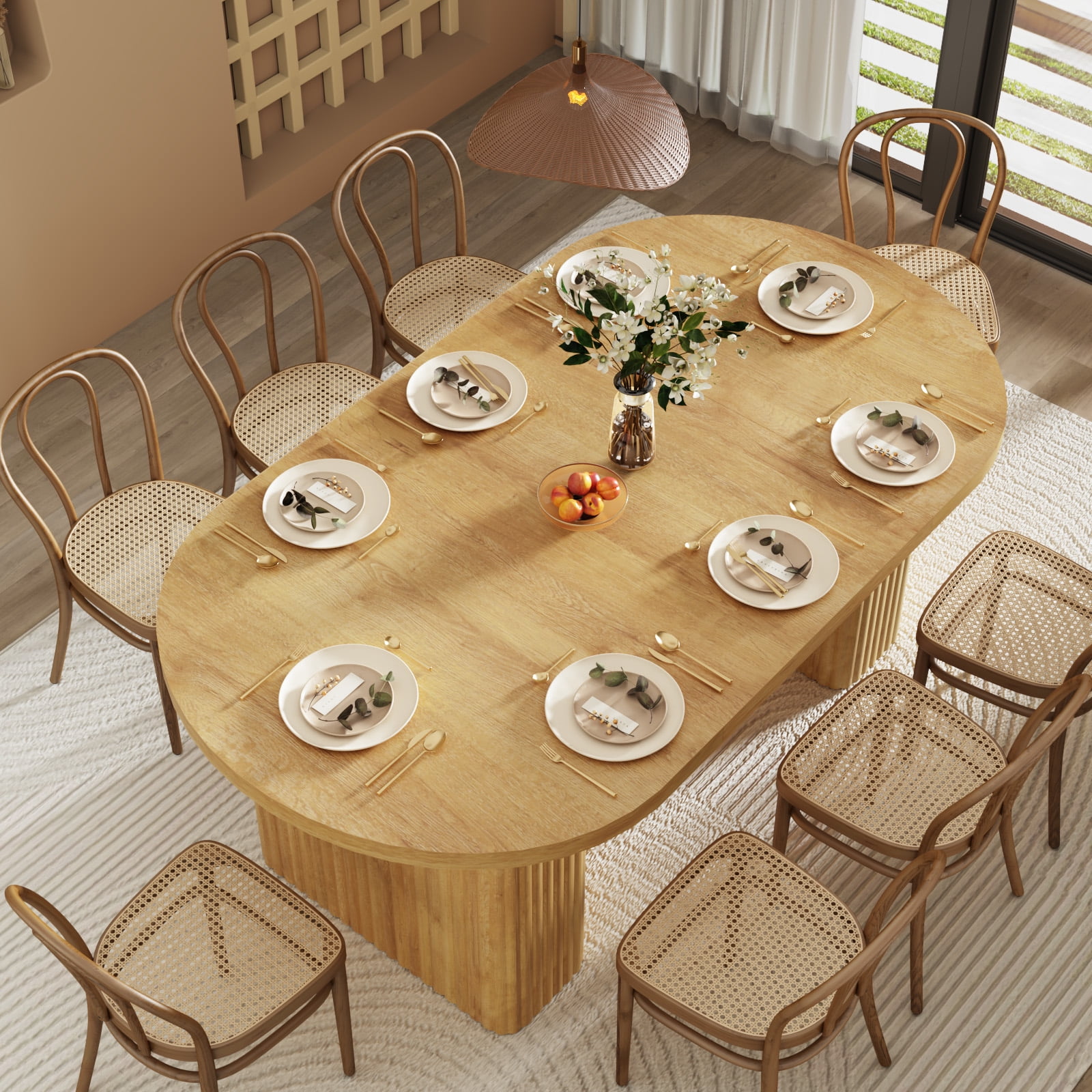 Blotout 70.9 Inch Oval Wood Strip Base Dining Table for 6-8 People,Modern Farmhouse Table for Kitchen & Dinner & Reception Room