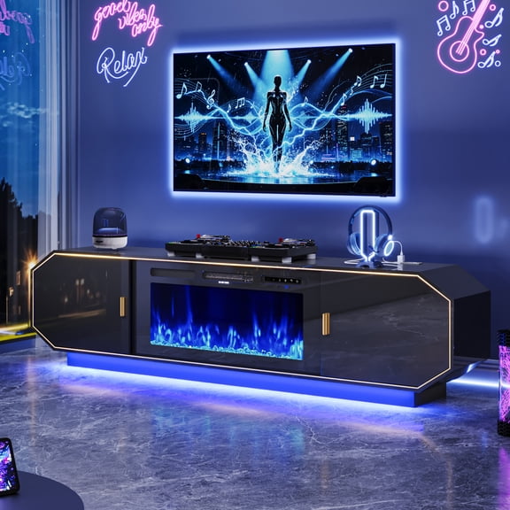Blotout 70.9" Fireplace TV Stand with 40" Electric Fireplace, LED Lights, Storage Cabinet for TVs Up to 90", Modern Entertainment Center