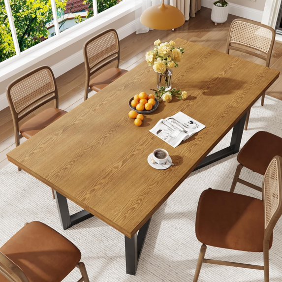 Blotout 71"x 36" Solid Wood Dining Table for 6-8 People, Rustic Farmhouse Large Dinner Table, X-Shaped Metal Legs, Rectangular Kitchen Table, Office, Dining Room