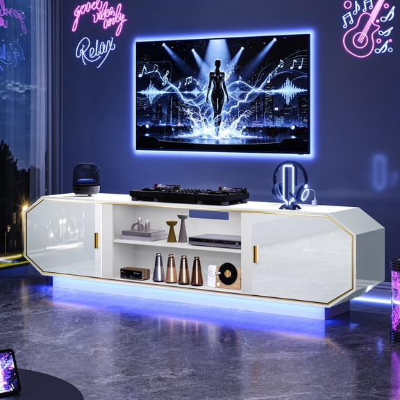 Blotout 70.9" Modern Entertainment Center for TVs Up to 90", LED TV Console with Sliding Doors, Open Storage Shelves, High Gloss Media Cabinet for Living Room