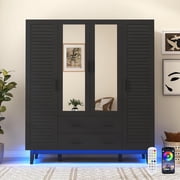 Blotout 70" Armoire Wardrobe Closet with Mirror & LED Lights, 4 Door Wardrobe Armoire with 2 Large Drawers, LED Wood Armoire Storage with Hanging Rods and Multi