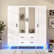 Blotout 70" Armoire Wardrobe Closet with Mirror & LED Lights, 4 Door Wardrobe Armoire with 2 Large Drawers, LED Wood Armoire Storage with Hanging Rods and Multi