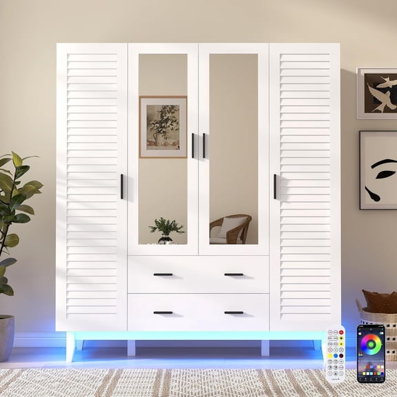 Blotout 70" Armoire Wardrobe Closet with Mirror & LED Lights, 4 Door Wardrobe Armoire with 2 Large Drawers, LED Wood Armoire Storage with Hanging Rods and Multi-Layer Shelves(White)