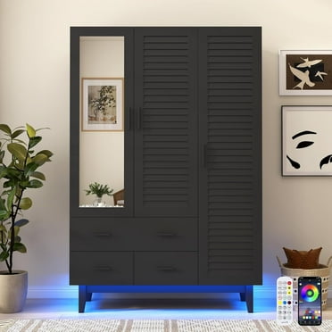 Blotout 70" Armoire Wardrobe Closet with Mirror & LED Lights, LED Black Louver Door Wardrobe Armoire with 3 Drawers & Hanging Rods, Large 3 Doors Armoire Storage with Multi-Layer Shelves