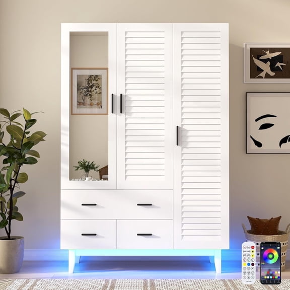 Blotout 70" Armoire Wardrobe Closet with Mirror & LED Lights, LED White Louver Door Wardrobe Armoire with 3 Drawers & Hanging Rods, Large 3 Doors Armoire Storage with Multi-Layer Shelves