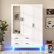 Blotout 70 Armoire Wardrobe Closet with Mirror & LED Lights, LED White Louver Door Wardrobe Armoire with 3 Drawers & Hanging Rods, Large 3 Doors Armoire Storage with Multi-Layer Shelves