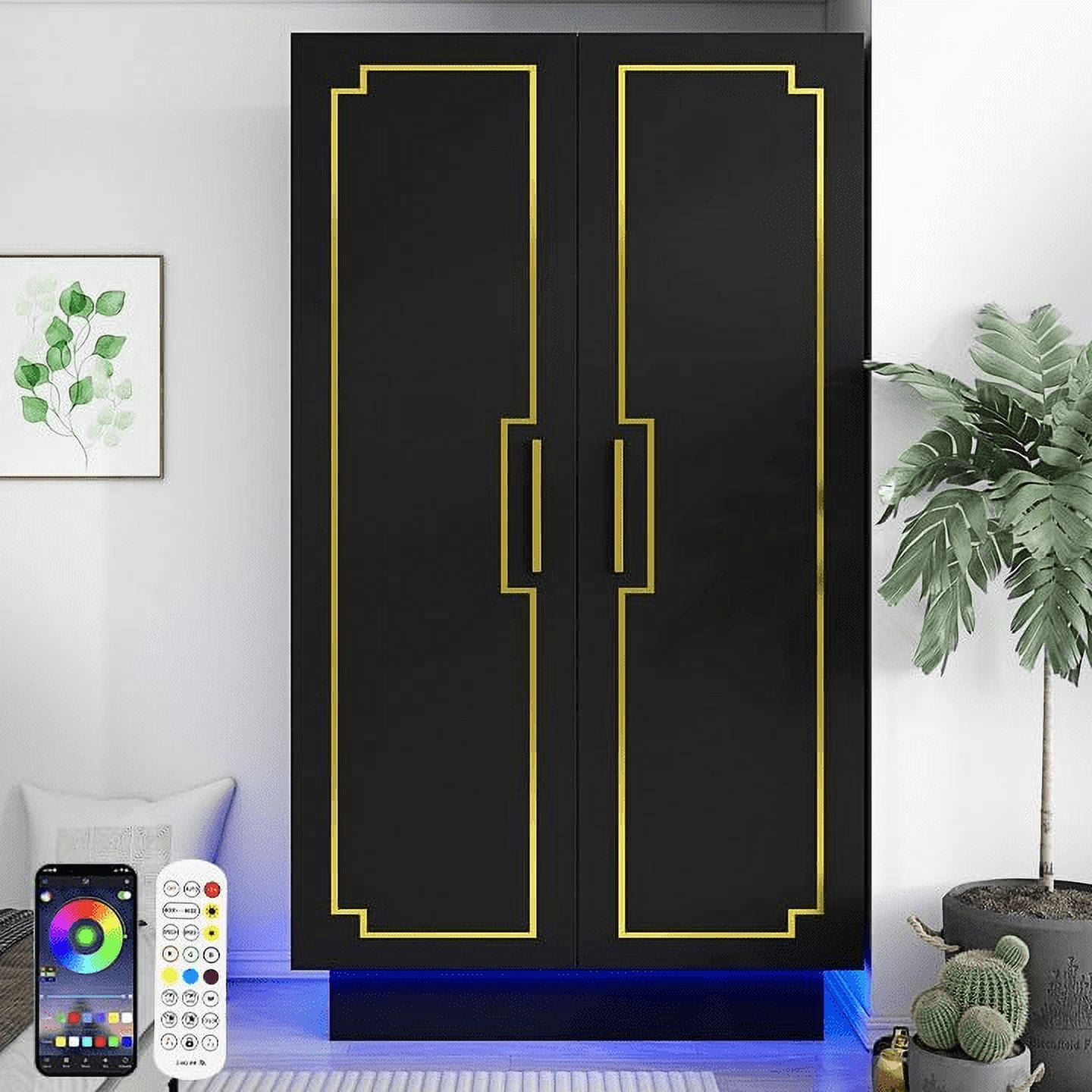 Blotout 70" Armoire Wardrobe Closet with LED Lights, Modern 2 Doors Adult Wood Closet Storage Cabinet with Hanging Rod&RGB LED 6000 Color Lights/5-Tier Storage Shelves
