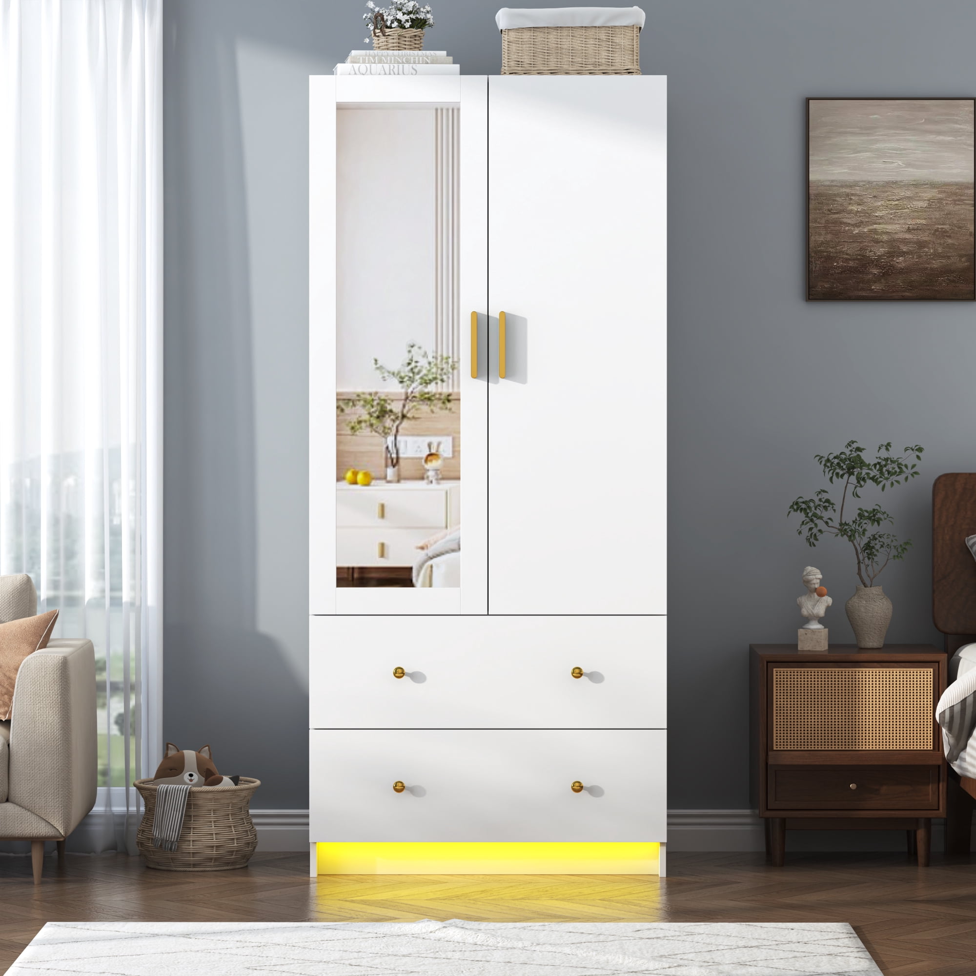 Blotout 70" Armoire Wardrobe Closet with Mirror, LED Wardrobe Armoire with 2 Drawers, 2 Door Wood Armoire Storage with Hanging Rods and Multi-Layer Shelves