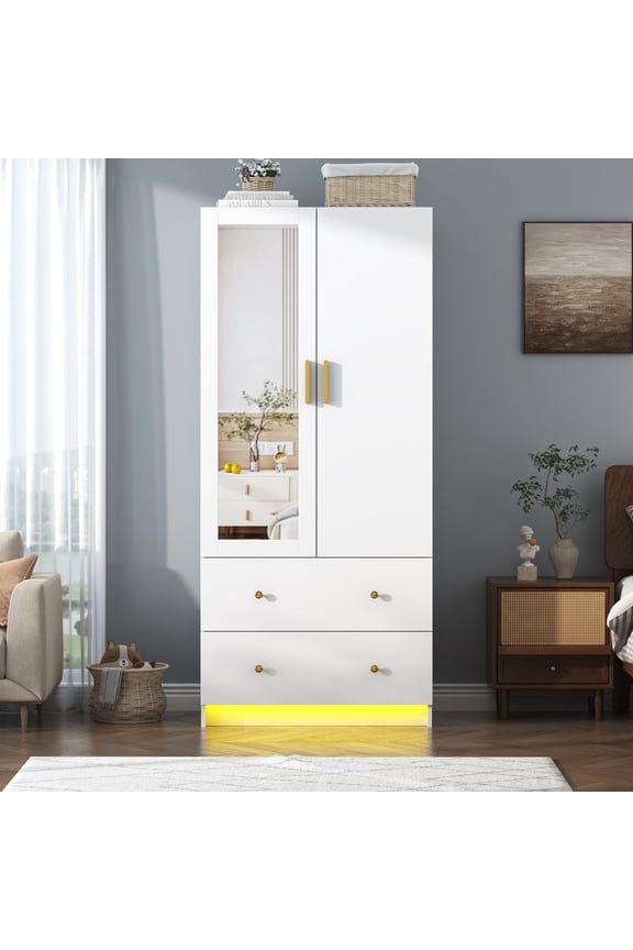 70" Armoire Wardrobe Closet with Mirror, LED Wardrobe Armoire with 2 Drawers, 2 Door Wood Armoire Storage with Hanging Rods and Multi-Layer Shelves