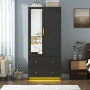 Blotout 70 Armoire Wardrobe Closet with Mirror, LED Wardrobe Armoire with 2 Drawers, 2 Door Wood Armoire Storage with Hanging Rods and Multi-Layer Shelves