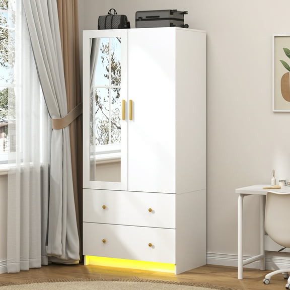 Blotout 70" Armoire Wardrobe Closet with Mirror, LED Wardrobe Armoire with 2 Drawers, 2 Door Wood Armoire Storage with Hanging Rods and Multi-Layer Shelves