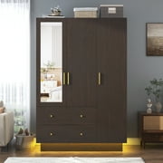 Blotout 70" Armoire Wardrobe Closet with Mirror, LED Wardrobe Armoire with 2 Drawers, 3 Door Wood Armoire Storage with Hanging Rods and Multi-Layer Shelves