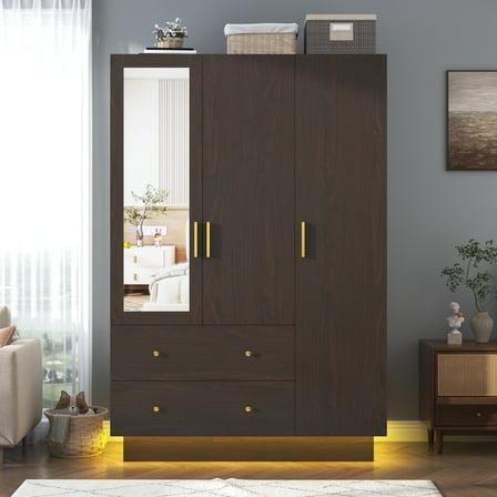 Blotout 70" Armoire Wardrobe Closet with Mirror, LED Wardrobe Armoire with 2 Drawers, 3 Door Wood Armoire Storage with Hanging Rods and Multi-Layer Shelves