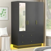 Blotout 70 Armoire Wardrobe Closet with Mirror, LED Wardrobe Armoire with 2 Drawers, 3 Door Wood Armoire Storage with Hanging Rods and Multi-Layer Shelves