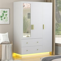 Blotout 70" Armoire Wardrobe Closet with Mirror, LED Wardrobe Armoire with 2 Drawers, 3 Door Wood Armoire Storage with Hanging Rods and Multi-Layer Shelves