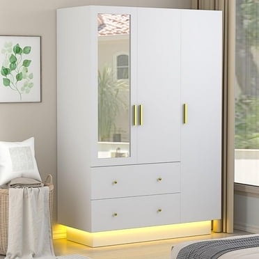 Blotout 70" Armoire Wardrobe Closet with Mirror, LED Wardrobe Armoire with 2 Drawers, 3 Door Wood Armoire Storage with Hanging Rods and Multi-Layer Shelves