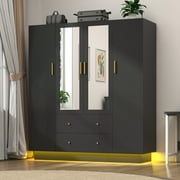 Blotout 70" Armoire Wardrobe Closet with Mirror, LED Wardrobe Armoire with 2 Drawers, 4 Door Wood Armoire Storage with Hanging Rods and Multi-Layer Shelves