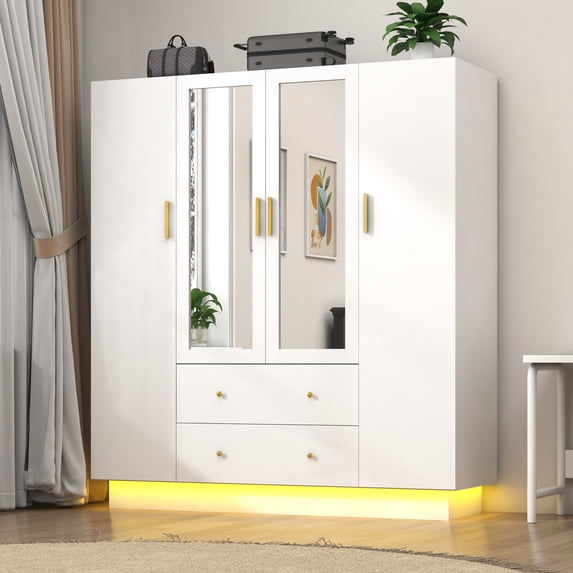 Blotout 70" Armoire Wardrobe Closet with Mirror, LED Wardrobe Armoire with 2 Drawers, 4 Door Wood Armoire Storage with Hanging Rods and Multi-Layer Shelves