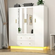 Blotout 70 Armoire Wardrobe Closet with Mirror, LED Wardrobe Armoire with 2 Drawers, 4 Door Wood Armoire Storage with Hanging Rods and Multi-Layer Shelves